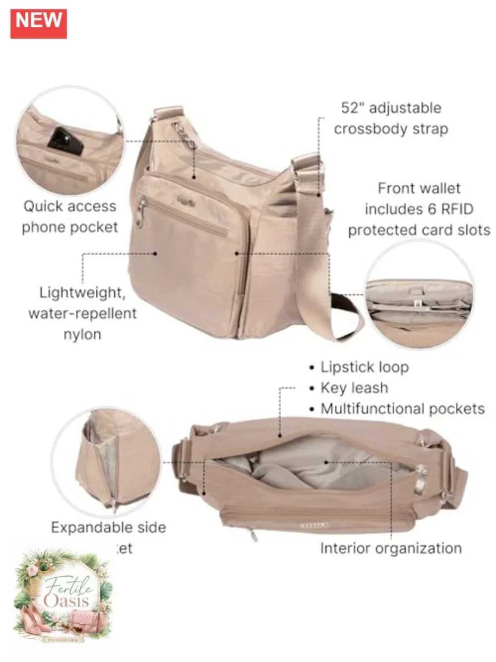 Nylon Crossbody Bag with RFID Protection - Hobo Style